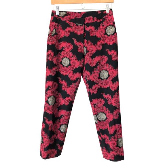 DRIES VAN NOTEN Red Black Asian Oriental WOOL TAPERED CROPPED Pants Sz 34 - Picture 1 of 7